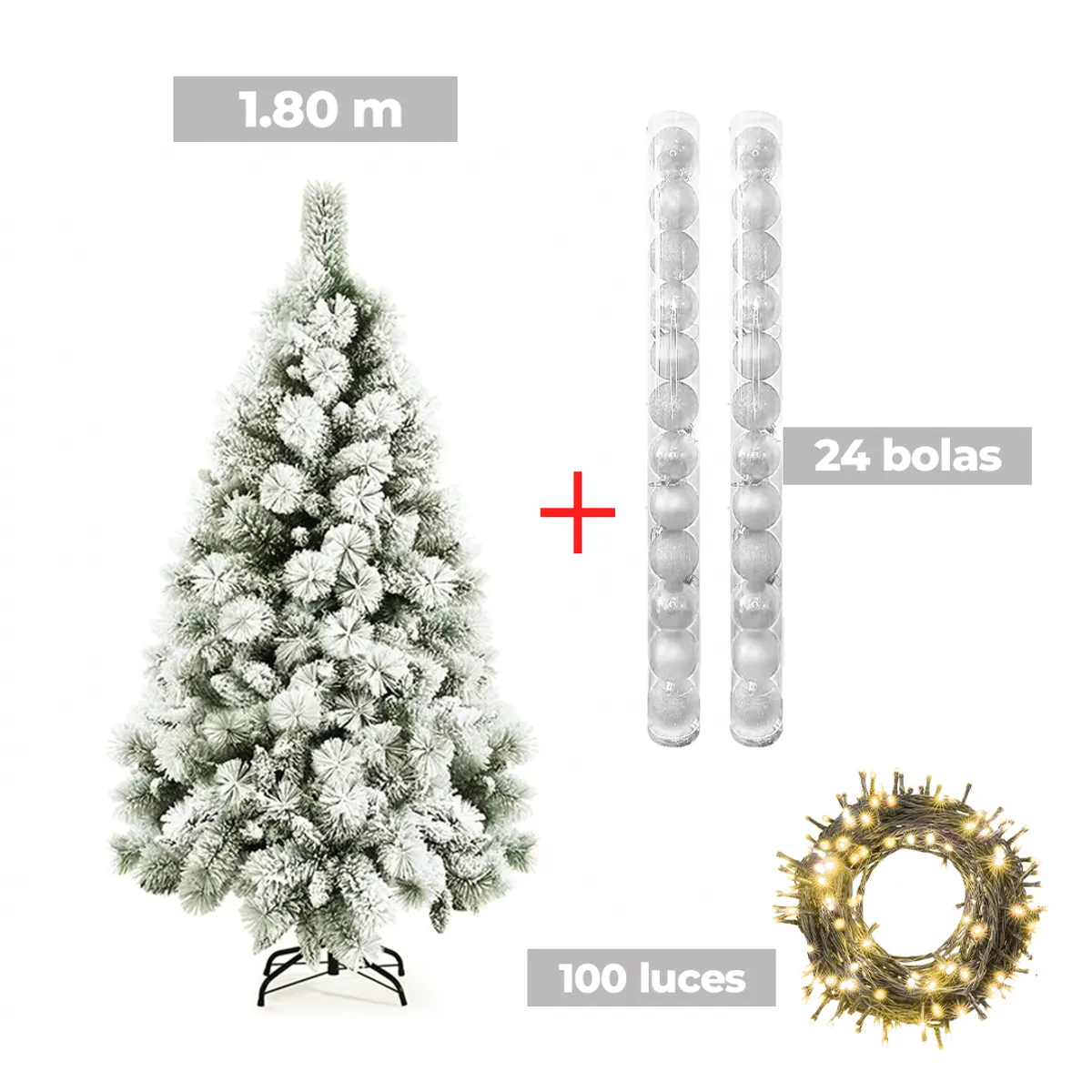 GENERICO - COMBO ARBOL NAVIDEÑO PREMIUM NEVADO 1.80m + 24 BOLAS PLATA + LUCES AM