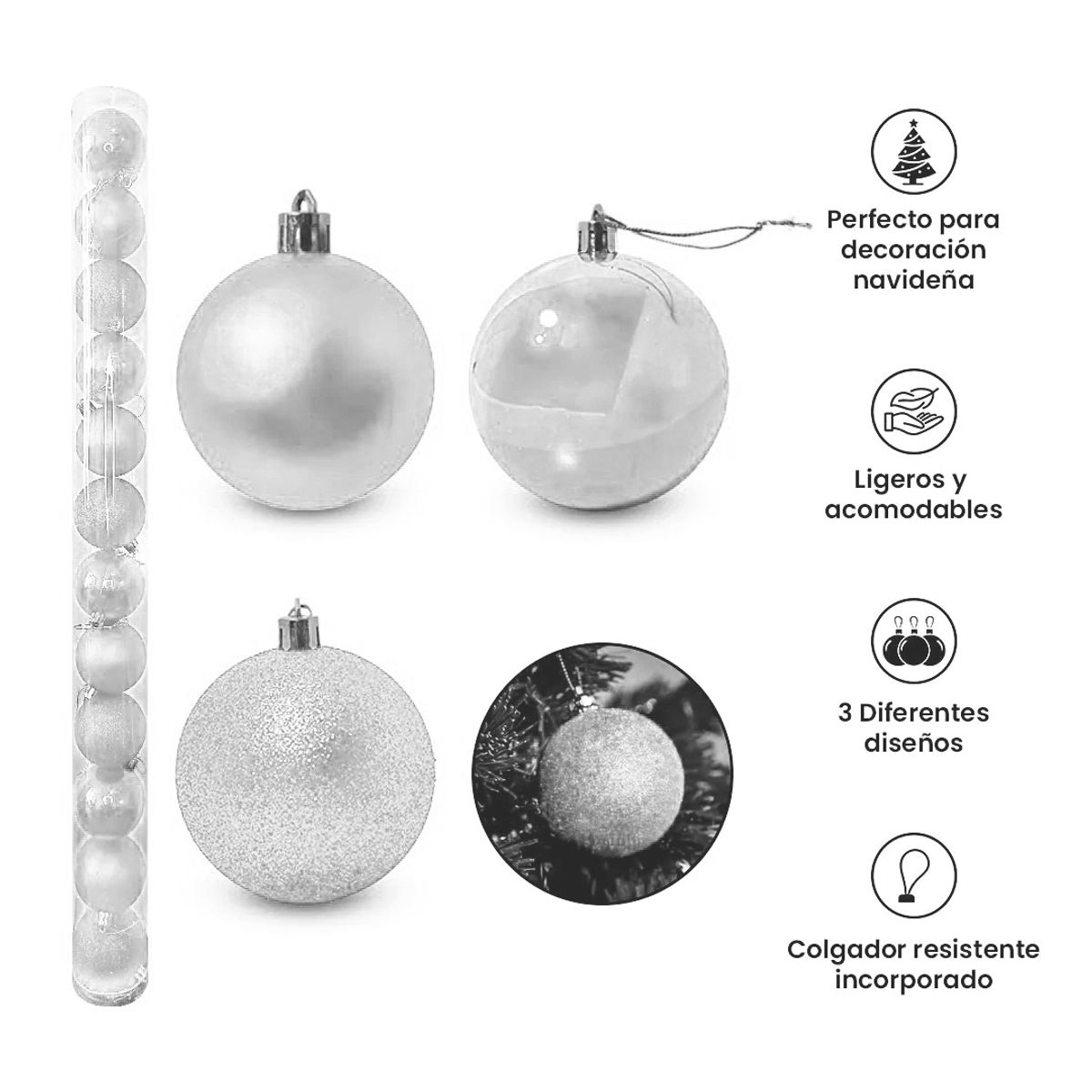 GENERICO - COMBO ARBOL NAVIDEÑO PREMIUM NEVADO 1.80m + 24 BOLAS PLATA + LUCES AM