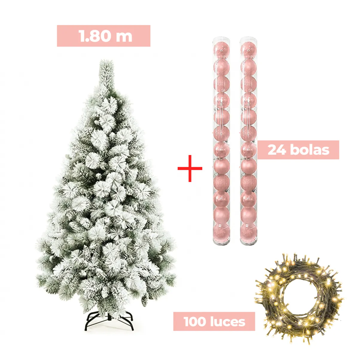 GENERICO - COMBO ARBOL NAVIDEÑO PREMIUM NEVADO 1.80m + 24 BOLAS ROSA + LUCES AM