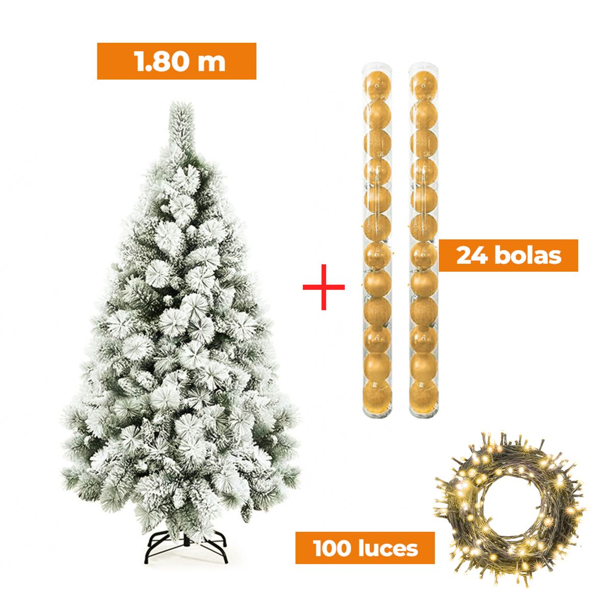 GENERICO - COMBO ARBOL NAVIDEÑO PREMIUM NEVADO 1.80m + 24 BOLAS COBRE + LUCES AM