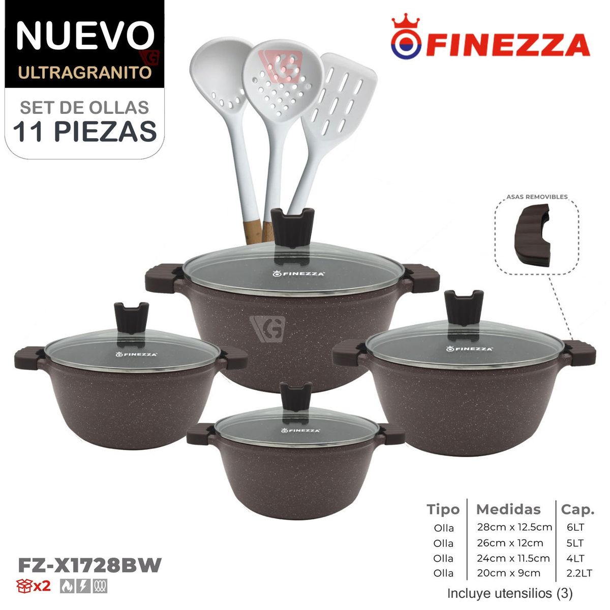 FINEZZA - Juego de Ollas Finezza Ultra granito FZ-X1728BW de 11 Pzas