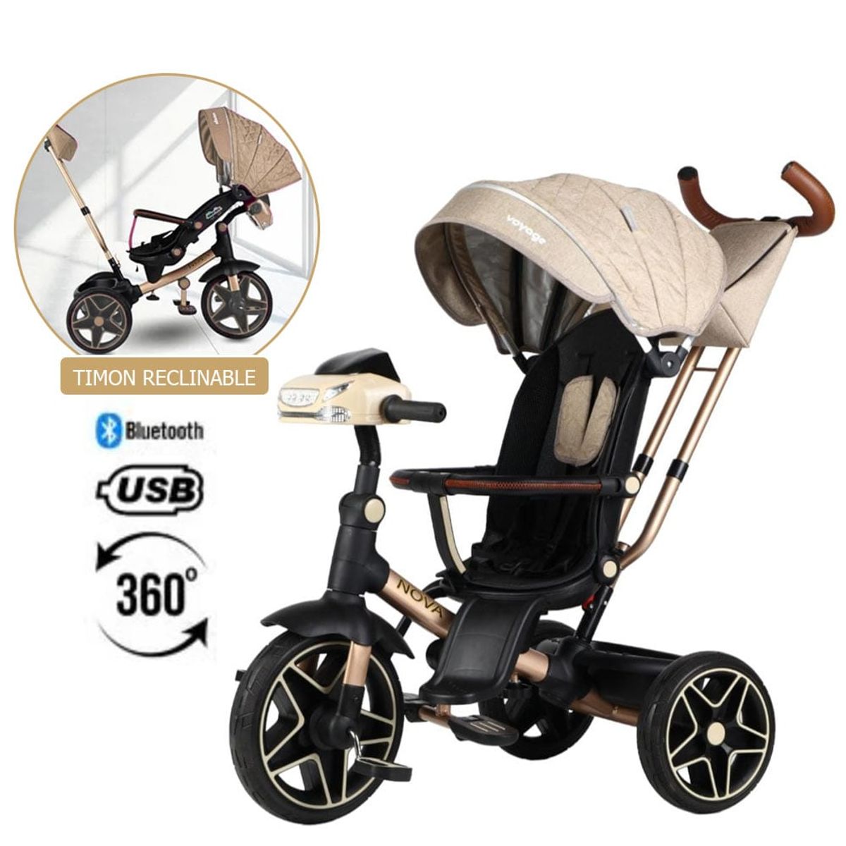 VOYAGE - Triciclo Giratorio 5 en 1 Voyage Nova USB Bluetooth Beige