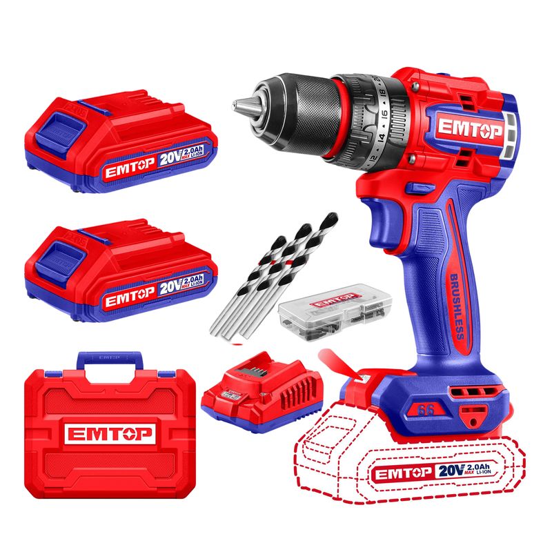 EMTOP - TALADRO PERCUTOR BRUSHLESS CHUCK METÁLICO 20V 66NM ECIDL20668 - EMTOP