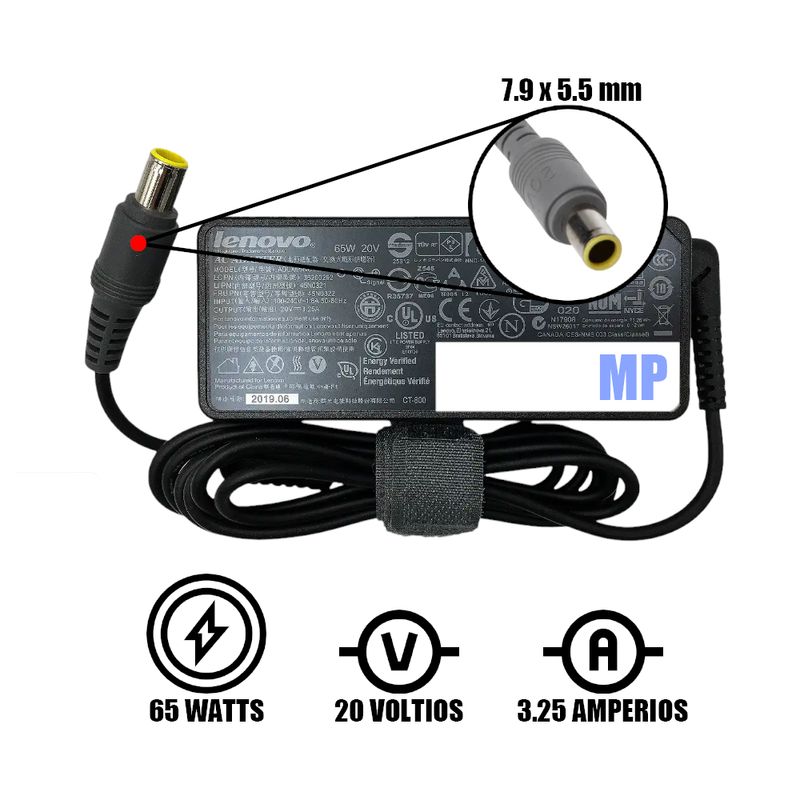 GENERICO - CARGADOR GENERICO LENOVO Punta Aguja 20v 3.25A 65W 7.9 x 5.5