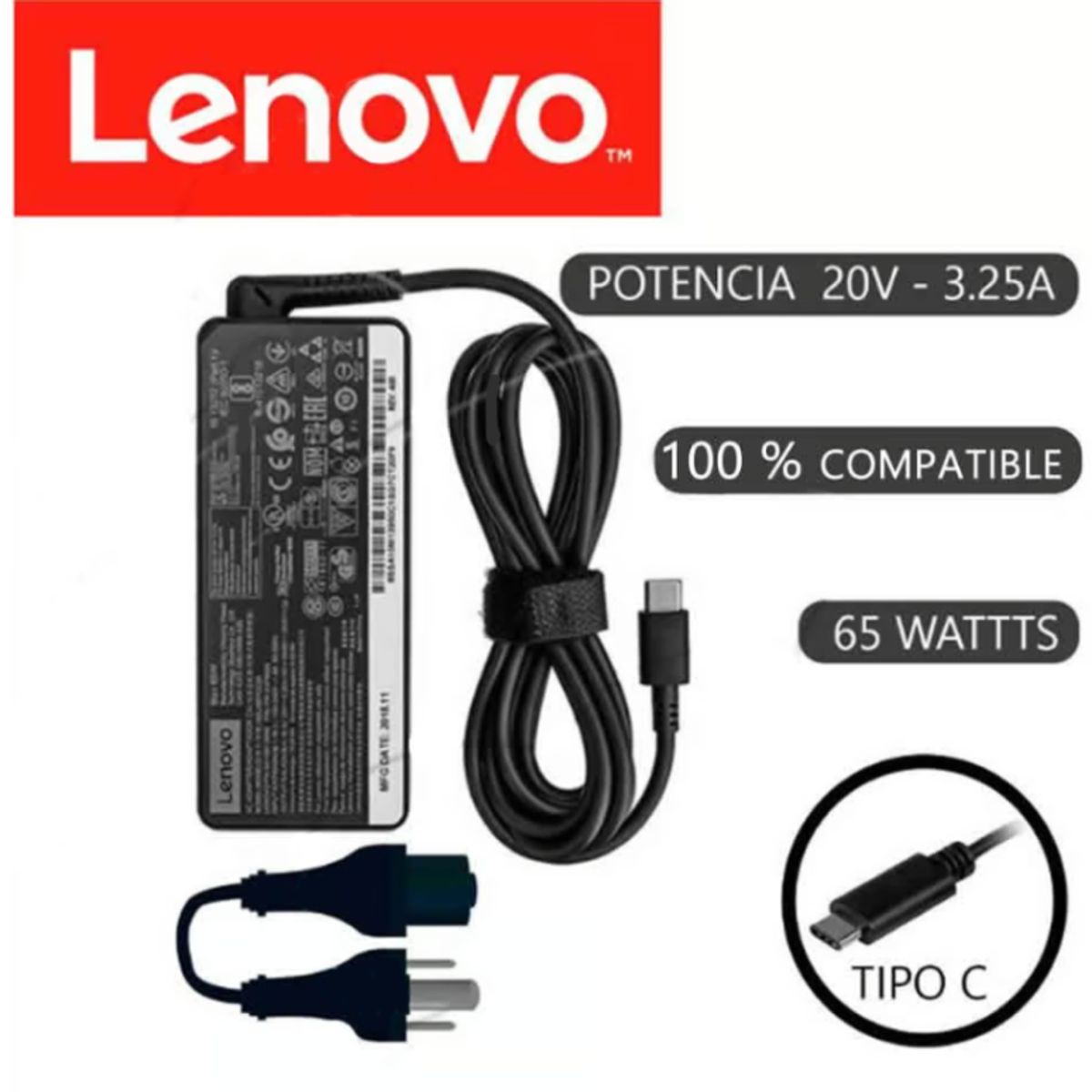 GENERICO - CARGADOR COMPATIBLE LENOVO 20V 3-25A Tipo C 65W