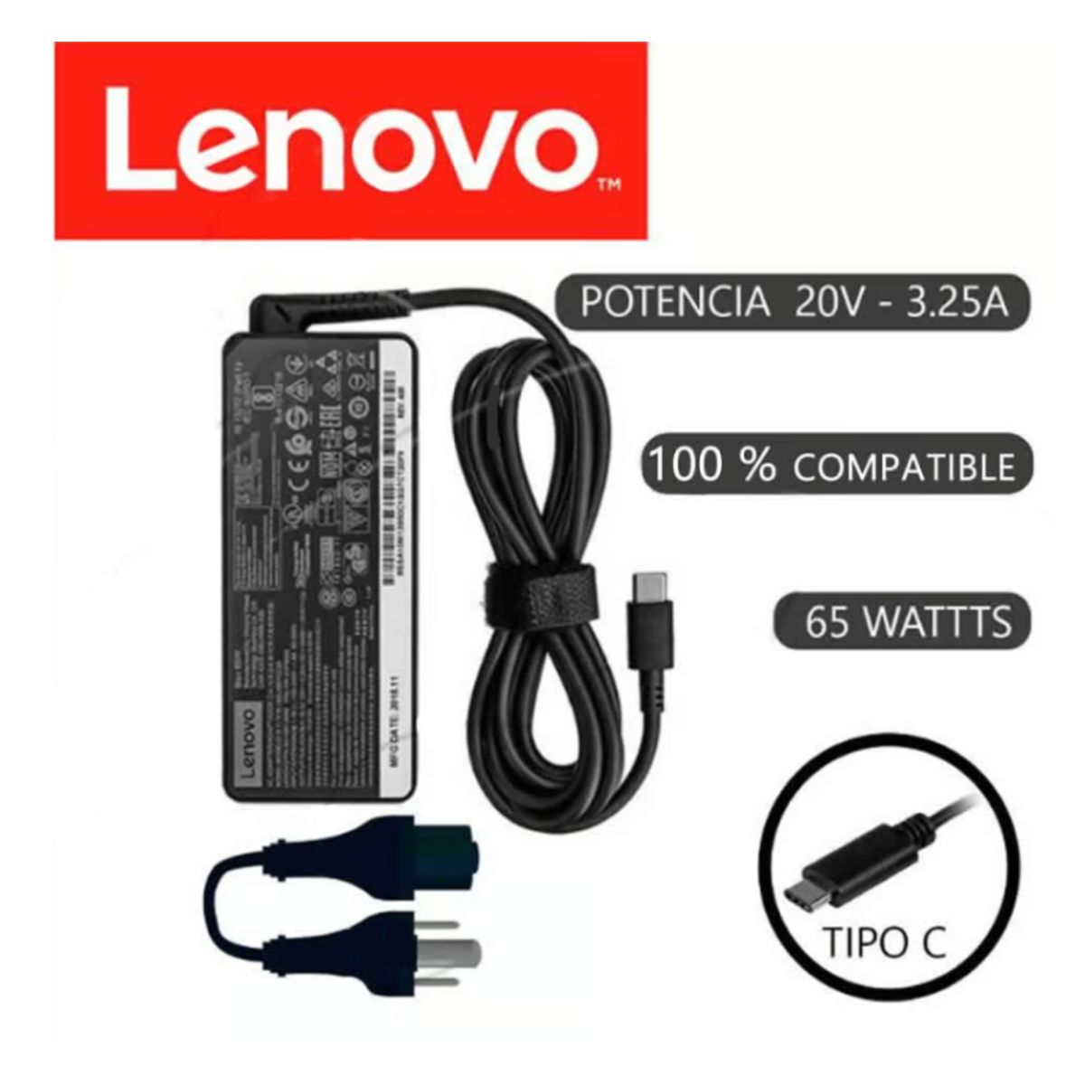 GENERICO - CARGADOR COMPATIBLE LENOVO 20V 3-25A Tipo C 65W