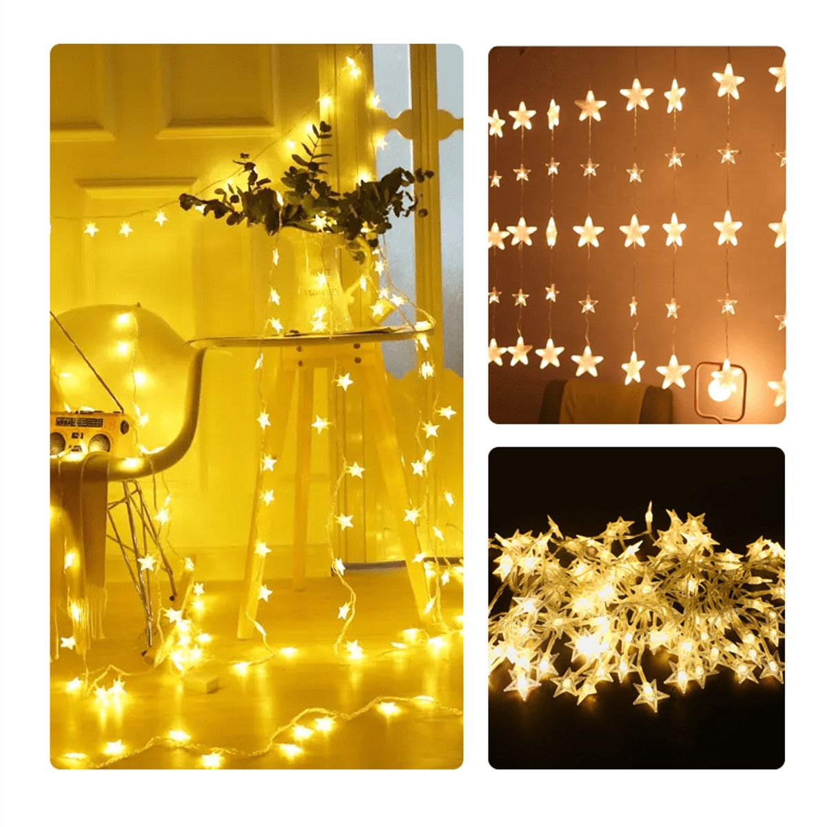 GENERICO - Cortina Luces Led  Ambar 3 x 1 con Diseño Estrellas