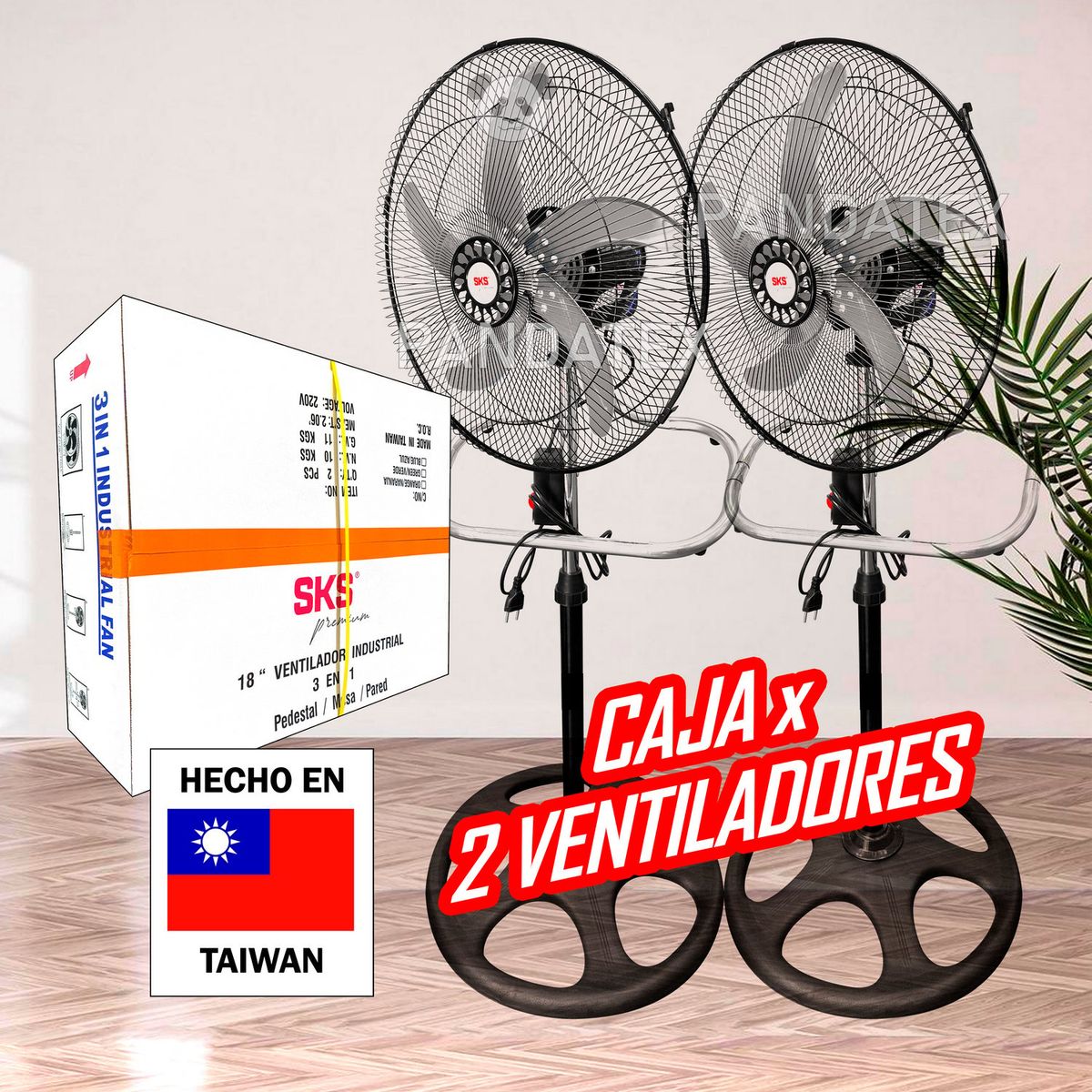 SM - 2 VENTILADORES DE TAIWAN CON PÉSDESTAL 3 EN 1 DE 18" DE 125W - 5 ASPAS