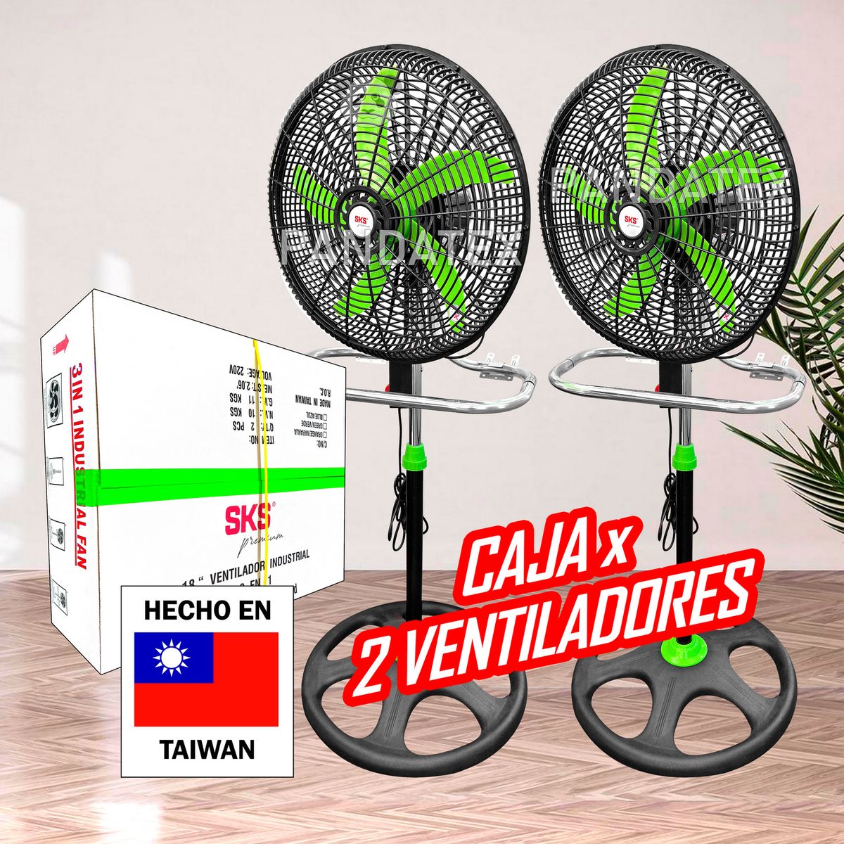SM - 2 VENTILADORES DE TAIWAN CON PÉSDESTAL 3 EN 1 DE 18" DE 125W - 5 ASPAS