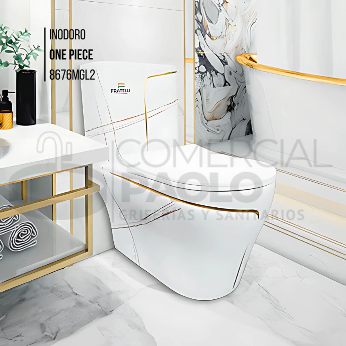FRATELLI - INODORO ONE PIECE MARMOLEADO BLANCO CON DORADO 8676MGL2