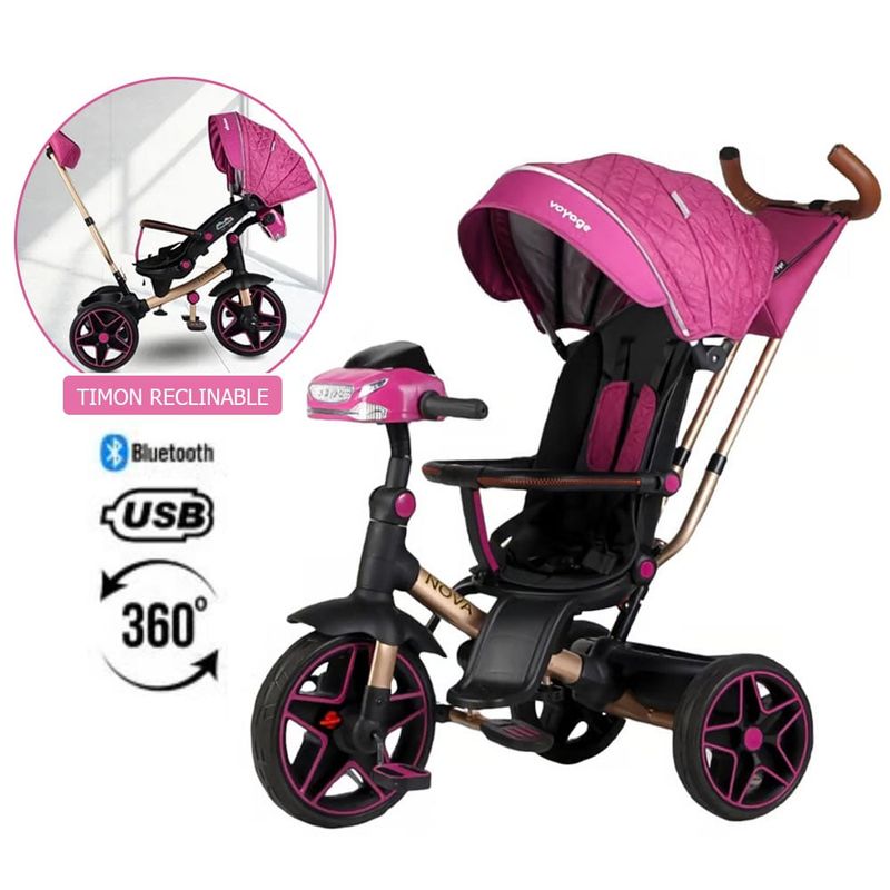 VOYAGE - Triciclo Giratorio 5 en 1 Voyage Nova USB Bluetooth Fucsia