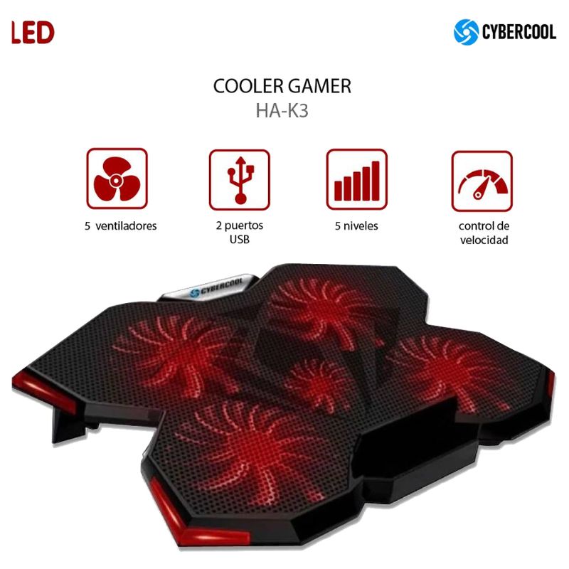 CYBERCOOL - COOLER GAMER CYBERCOOL NOTEBOOK HA-K3 LED ROJO