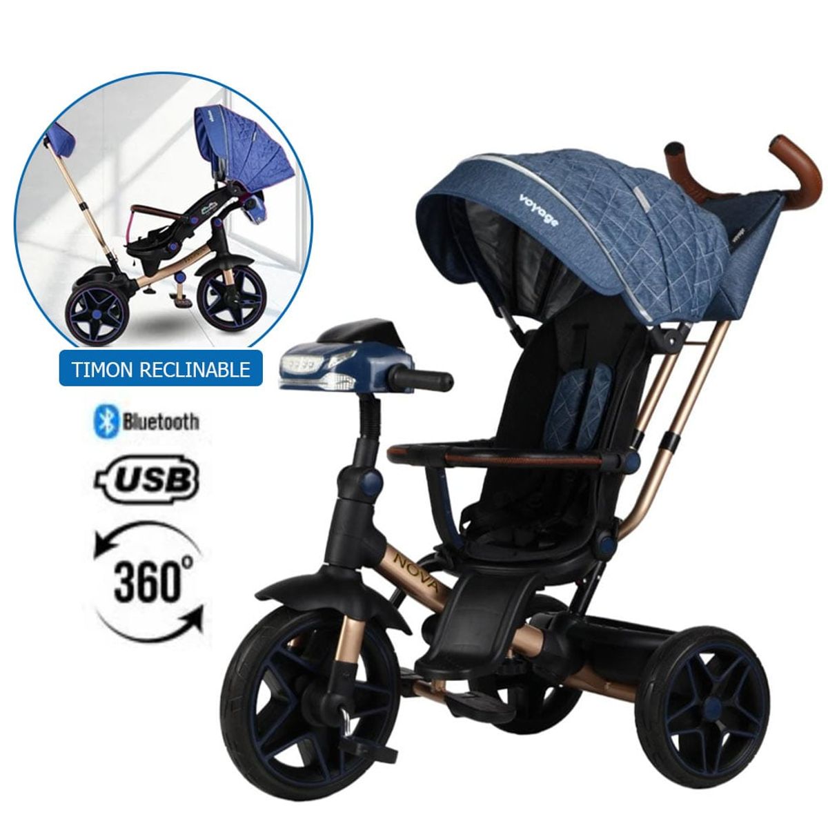VOYAGE - Triciclo Giratorio 5 en 1 Voyage Nova USB Bluetooth Azul