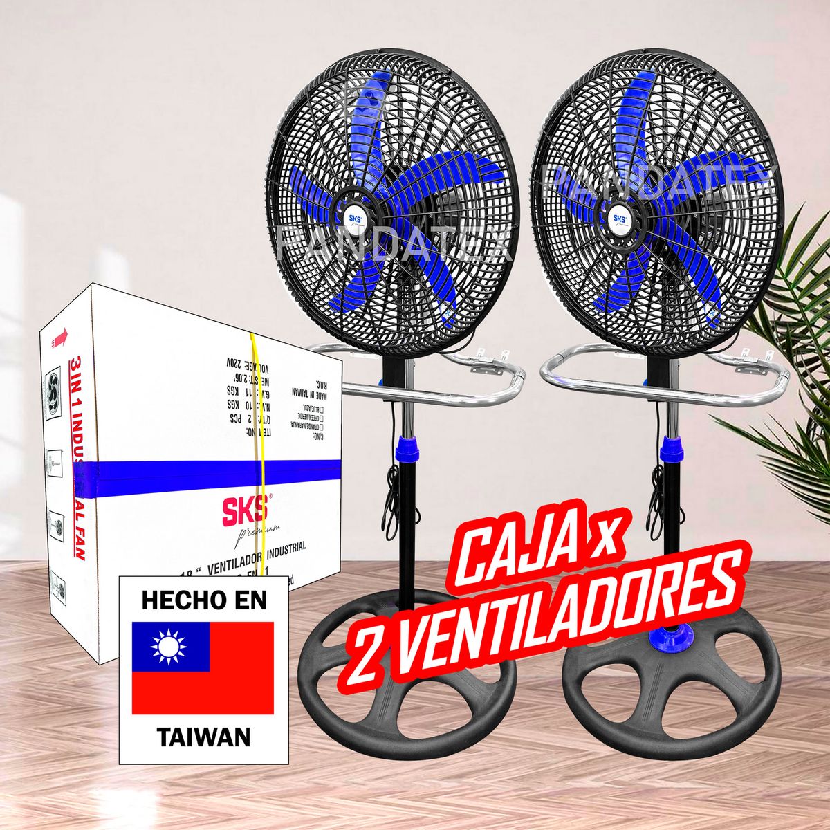 SM - 2 VENTILADORES DE TAIWAN CON PÉSDESTAL 3 EN 1 DE 18" DE 125W - 5 ASPAS
