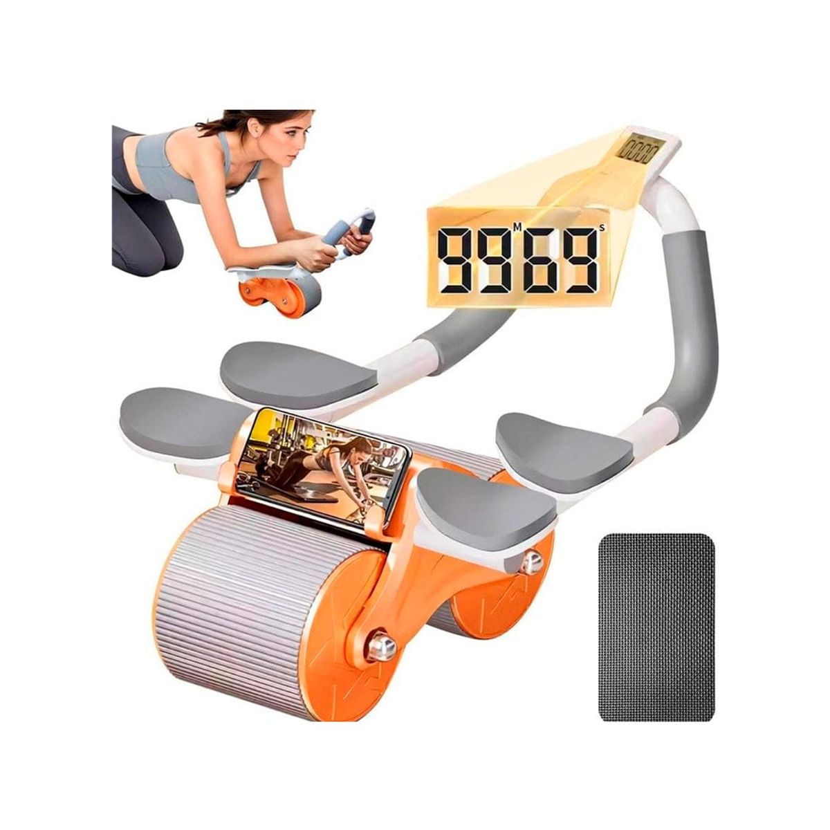 GENERICO - RUEDA ABDOMINAL DOBLE REBOTE 4 SOPORTES TEMPORIZADOR CON PORTA CELULAR NARANJA