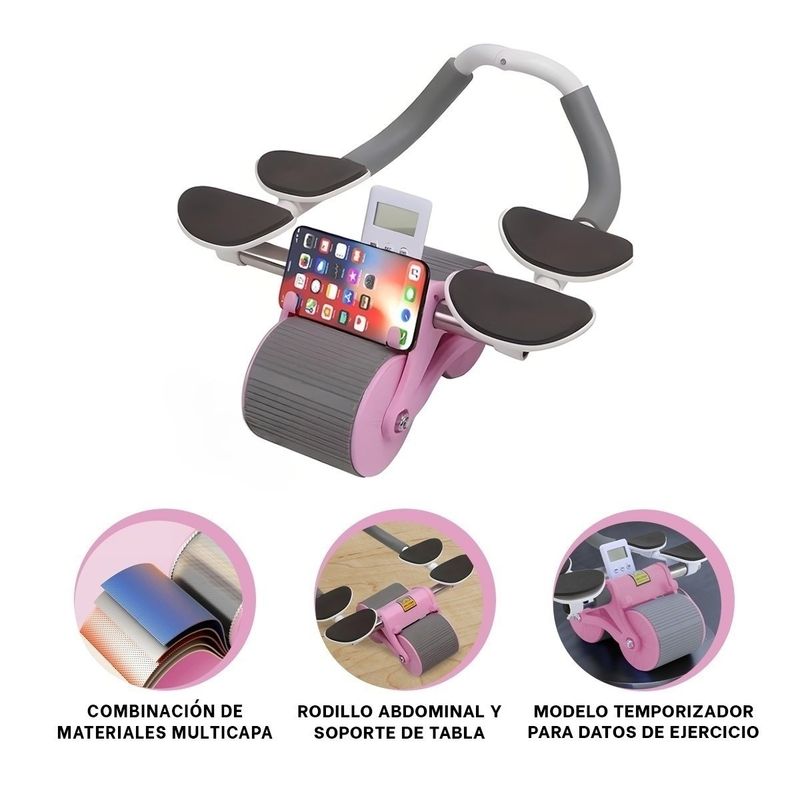 GENERICO - RUEDA ABDOMINAL DOBLE REBOTE 4 SOPORTES TEMPORIZADOR CON PORTA CELULAR ROSA