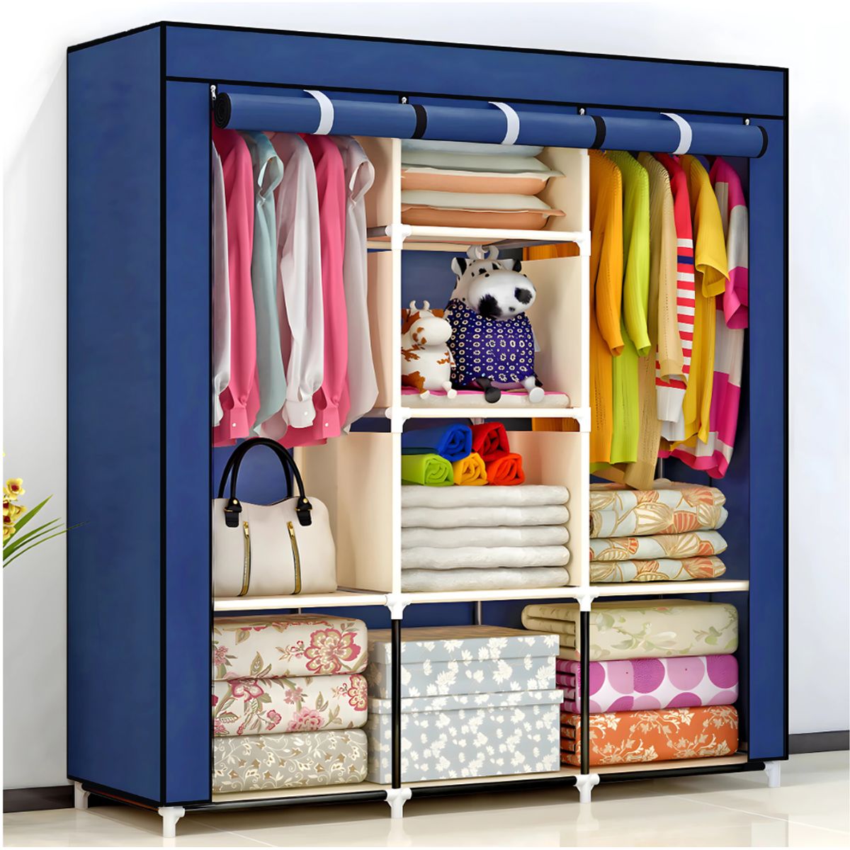 SM - ROPERO ARMABLE - TUBOS CROMADOS INOXIDABLE DE 3 CUERPOS AZUL NOCHE OSCURO