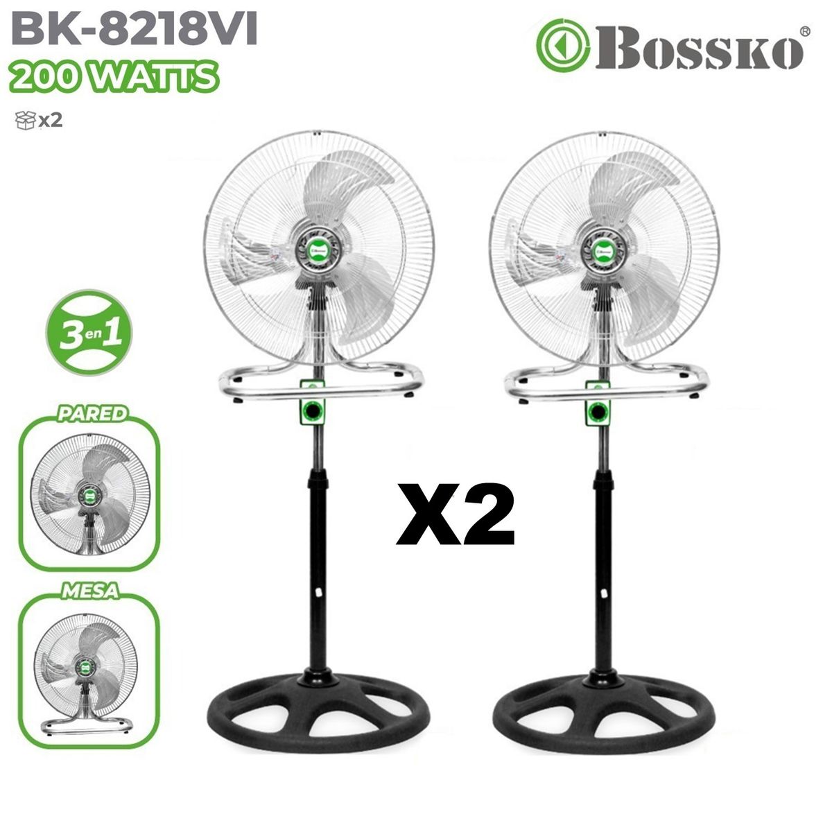 BOSSKO - Ventilador Bossko de Pedestal 3 en 1 200W 18" X2 Uni. BK-8218VI