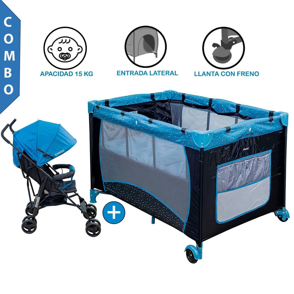 COSCO - Cuna Corral Pack and Play Stella Azul +Coche Bastón