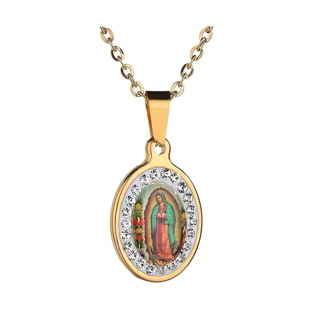 GENERICO - Collar Virgen de Guadalupe Medalla Dorada plateado Mujer Acero Inoxidable