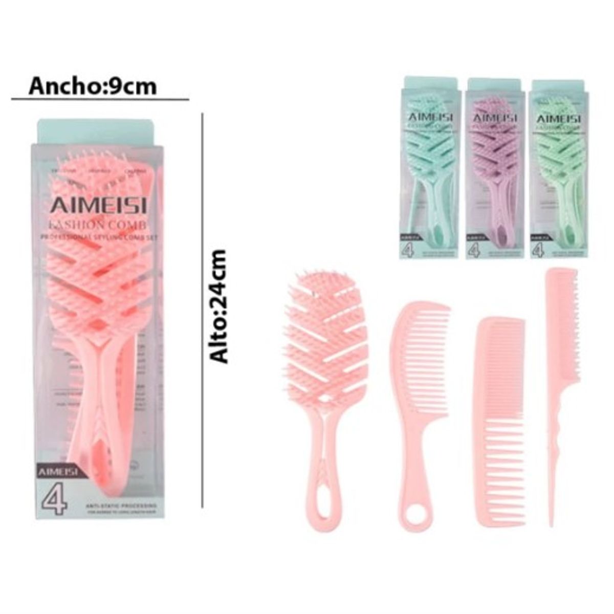 GENERICO - Pack x 4 de Cepillo y Peines  Desenredante Antifrizz.