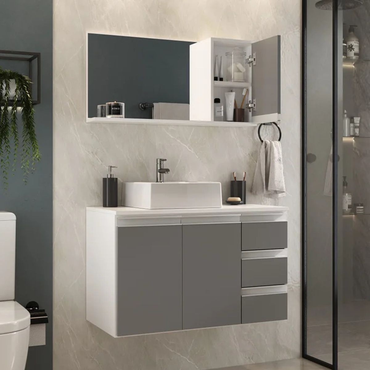 GENERICO - Pack Mueble de Baño y Espejo Takahito Blanco y Gris R&R MUEBLES