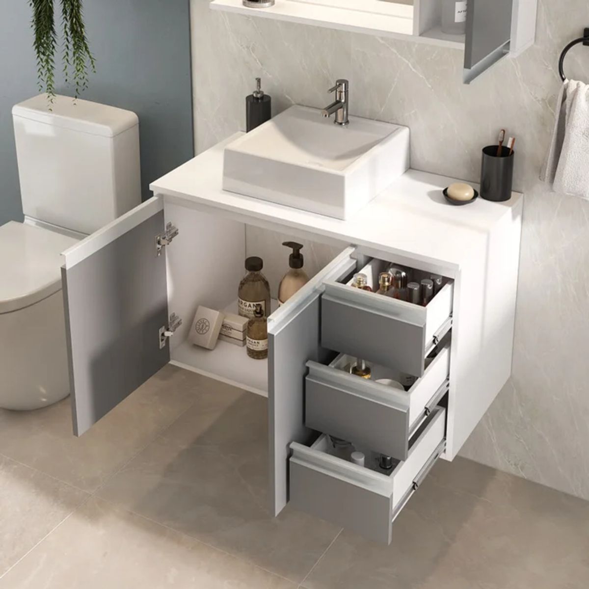 GENERICO - Pack Mueble de Baño y Espejo Takahito Blanco y Gris R&R MUEBLES