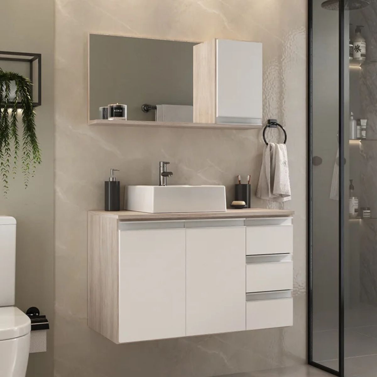 GENERICO - Pack Mueble de Baño y Espejo Takahito Manzano y Blanco R&R MUEBLES