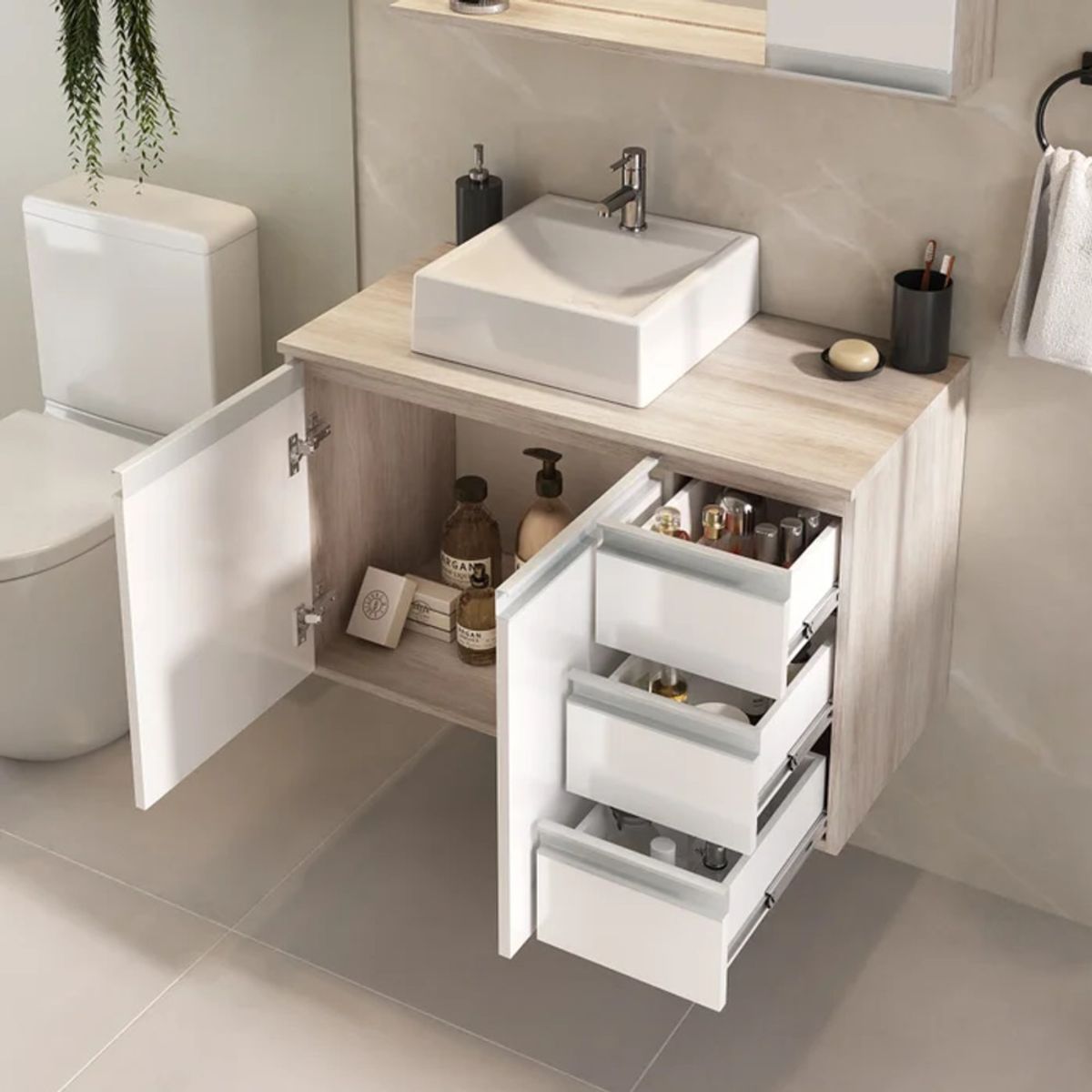 GENERICO - Pack Mueble de Baño y Espejo Takahito Manzano y Blanco R&R MUEBLES
