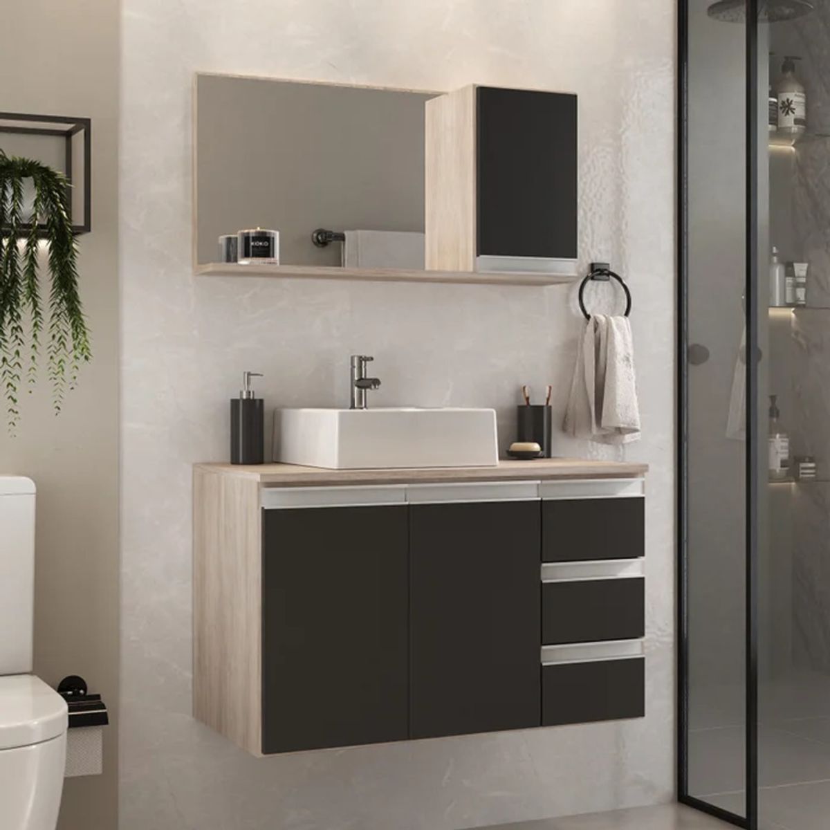 GENERICO - Pack Mueble de Baño y Espejo Takahito Manzano y Negro R&R MUEBLES