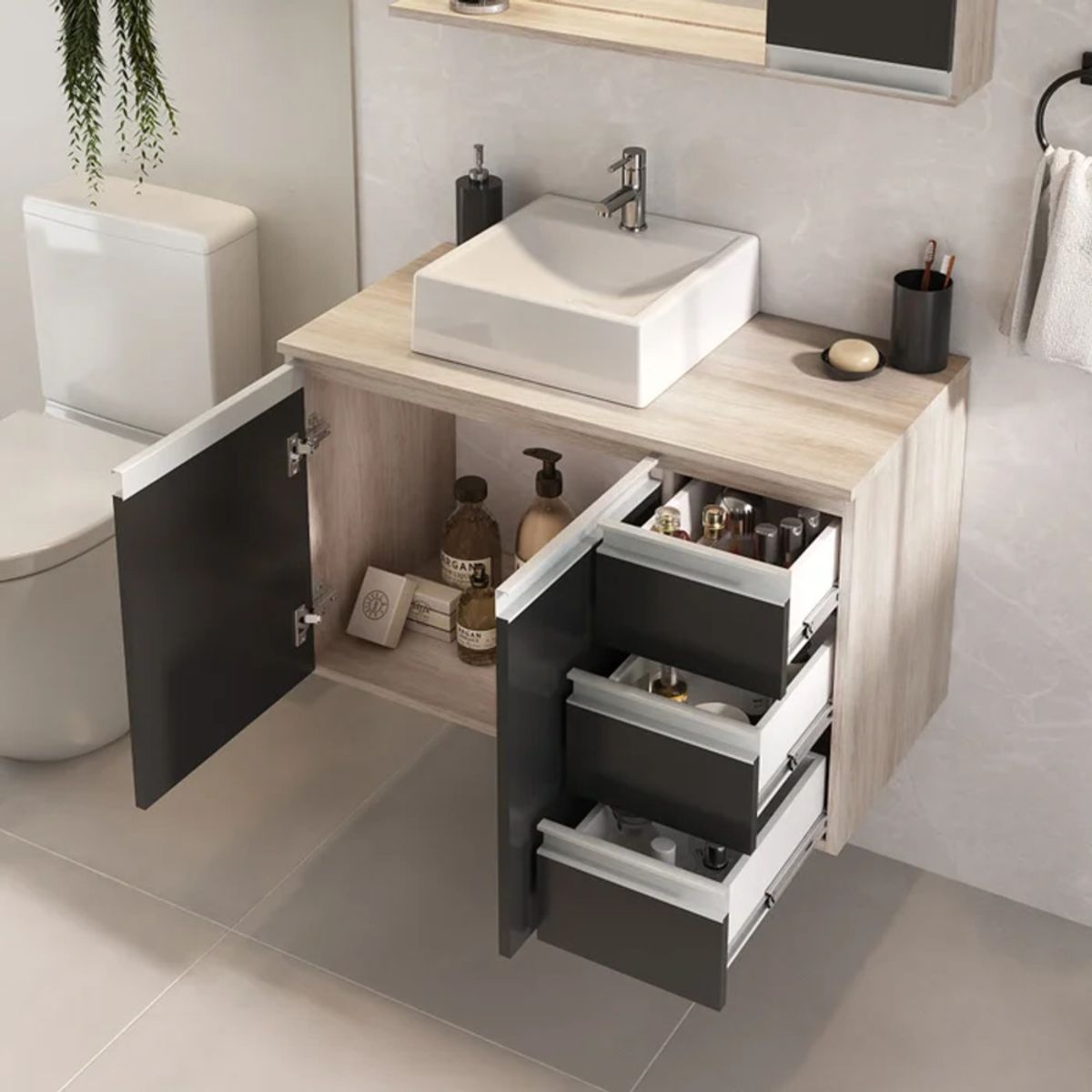 GENERICO - Pack Mueble de Baño y Espejo Takahito Manzano y Negro R&R MUEBLES
