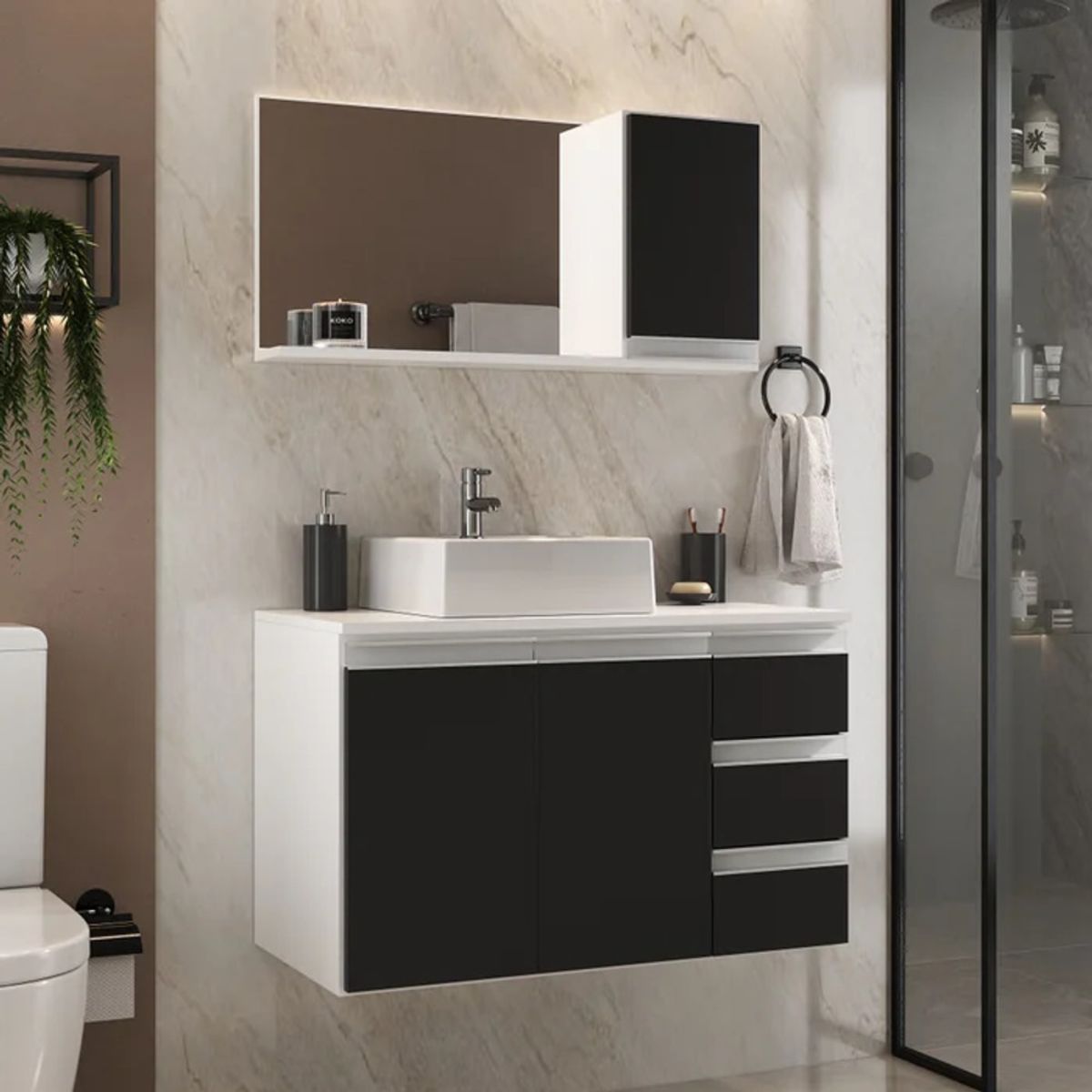 GENERICO - Pack Mueble de Baño y Espejo Takahito Blanco y Negro R&R MUEBLES