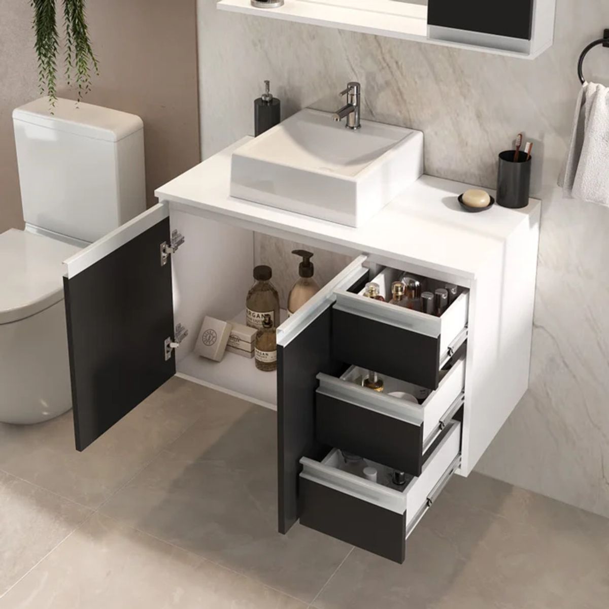 GENERICO - Pack Mueble de Baño y Espejo Takahito Blanco y Negro R&R MUEBLES