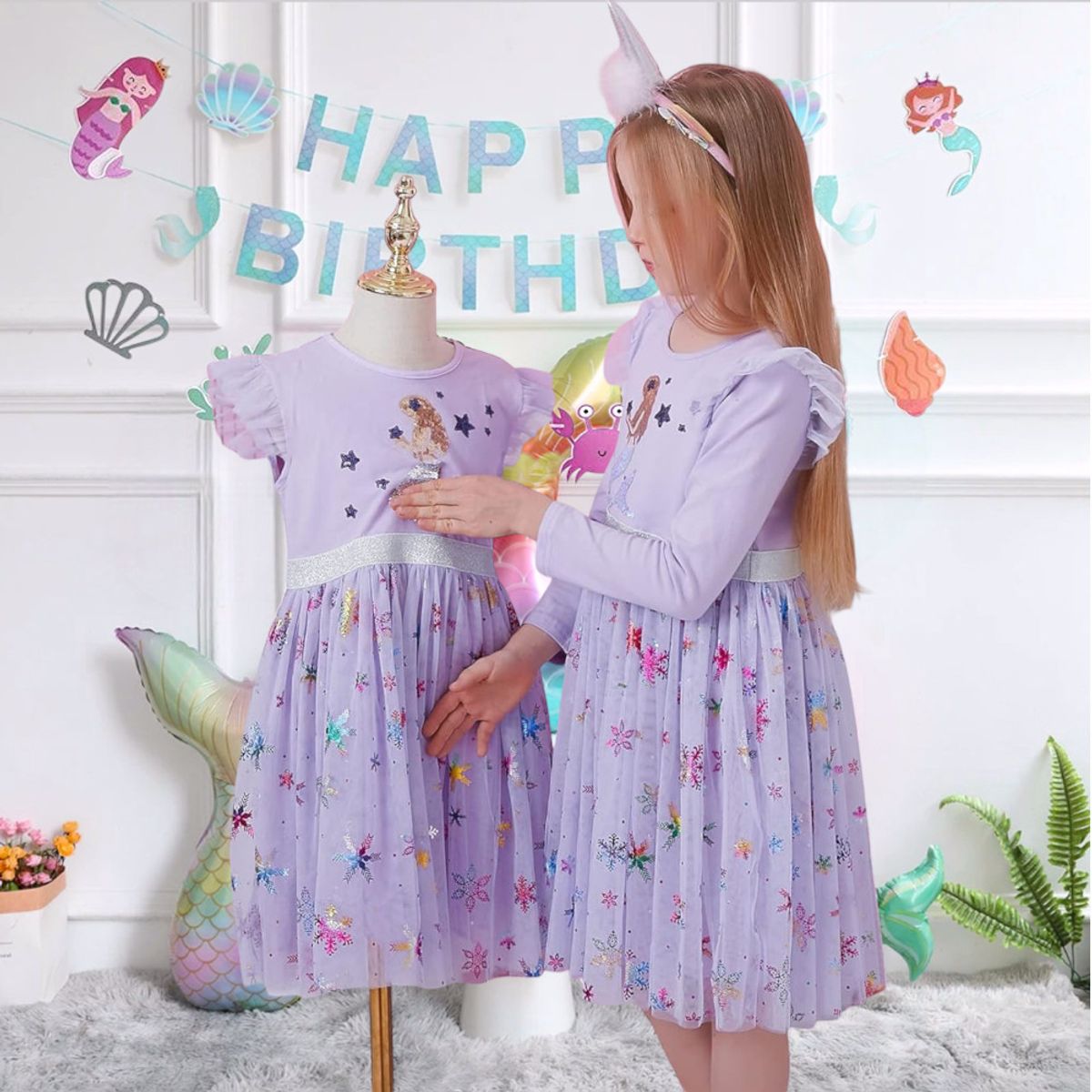 GENERICO - VESTIDO PARA NIÑA DE SIRENA MANGA CORTA LILA