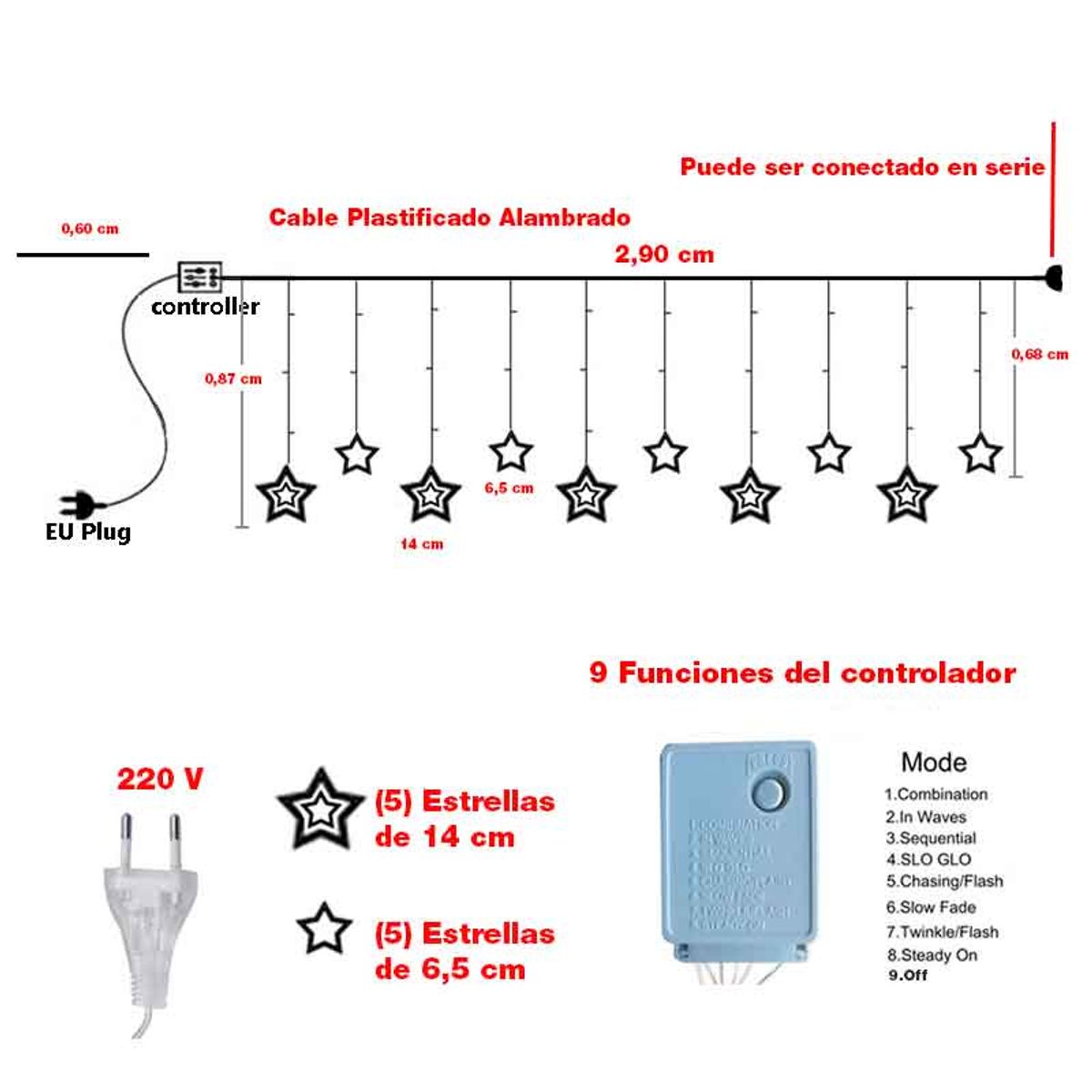 GENERICO - Luces led CASCADA  Amarillas Modelo Estrellas por 3mts