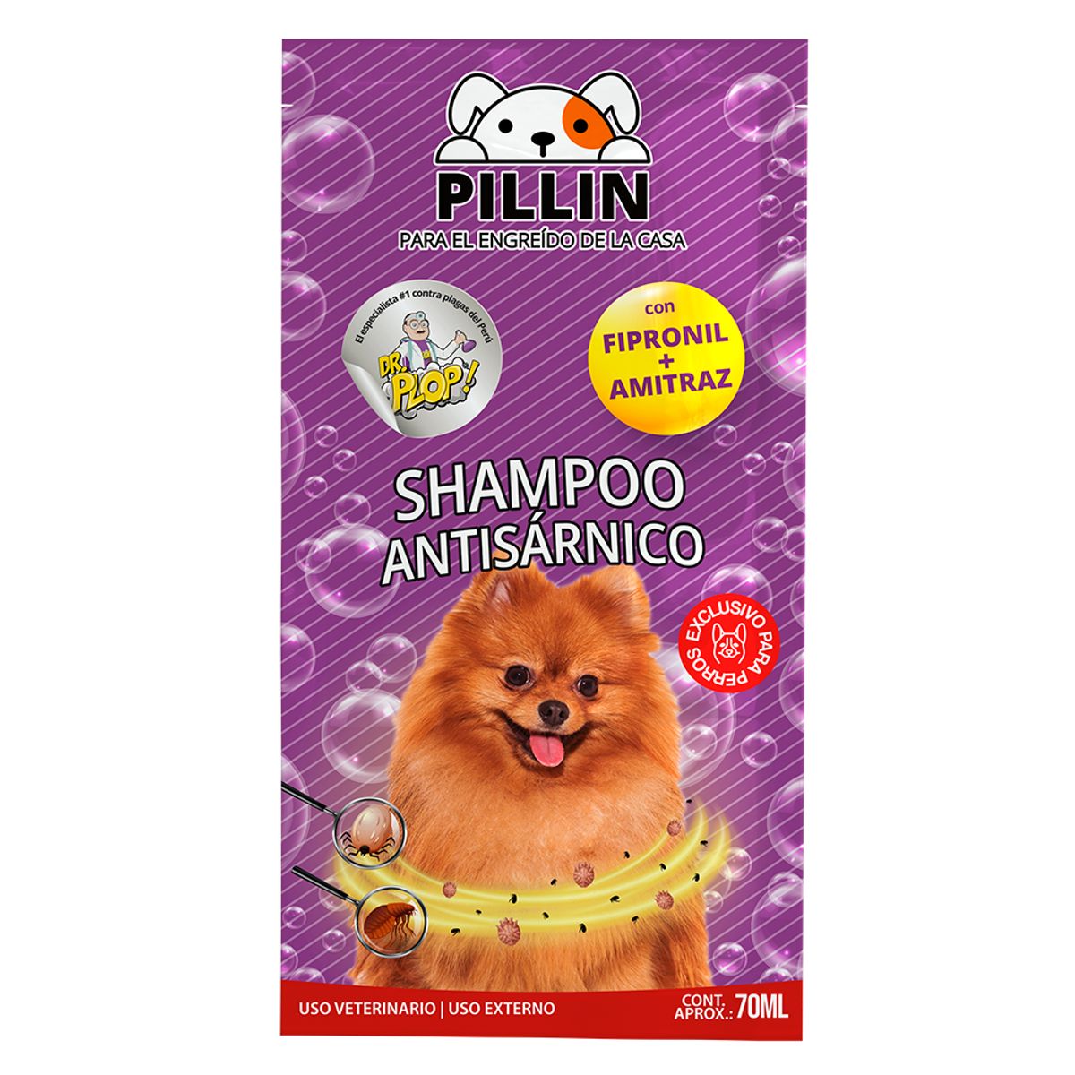 PLOP - Shampoo Antisárnico para Perro Mascota 5 Uni Pillin Plop