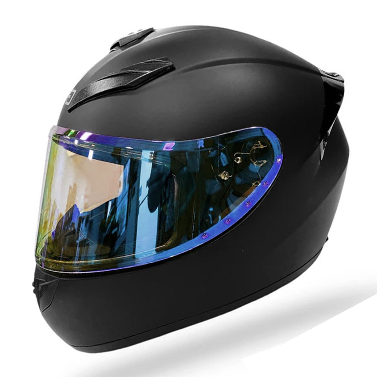 GENERICO - CASCO MOTO NEGRO MATE VISOR DIURNO AZUL - TALLA M