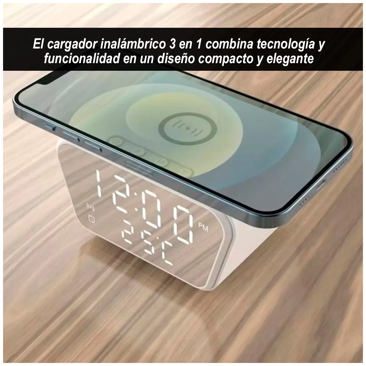 GENERICO - Cargador Inalámbrico con Reloj Despertador Alarma y Temperatura 3 en 1