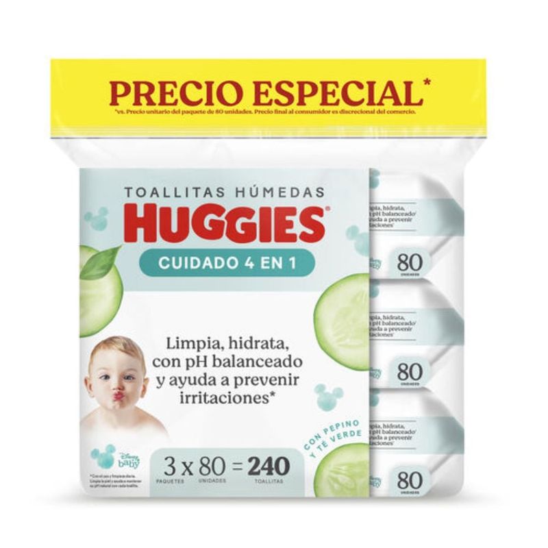 HUGGIES - Tripack Toallitas Húmedas Huggies Cuidado 4en1 240 Unidades