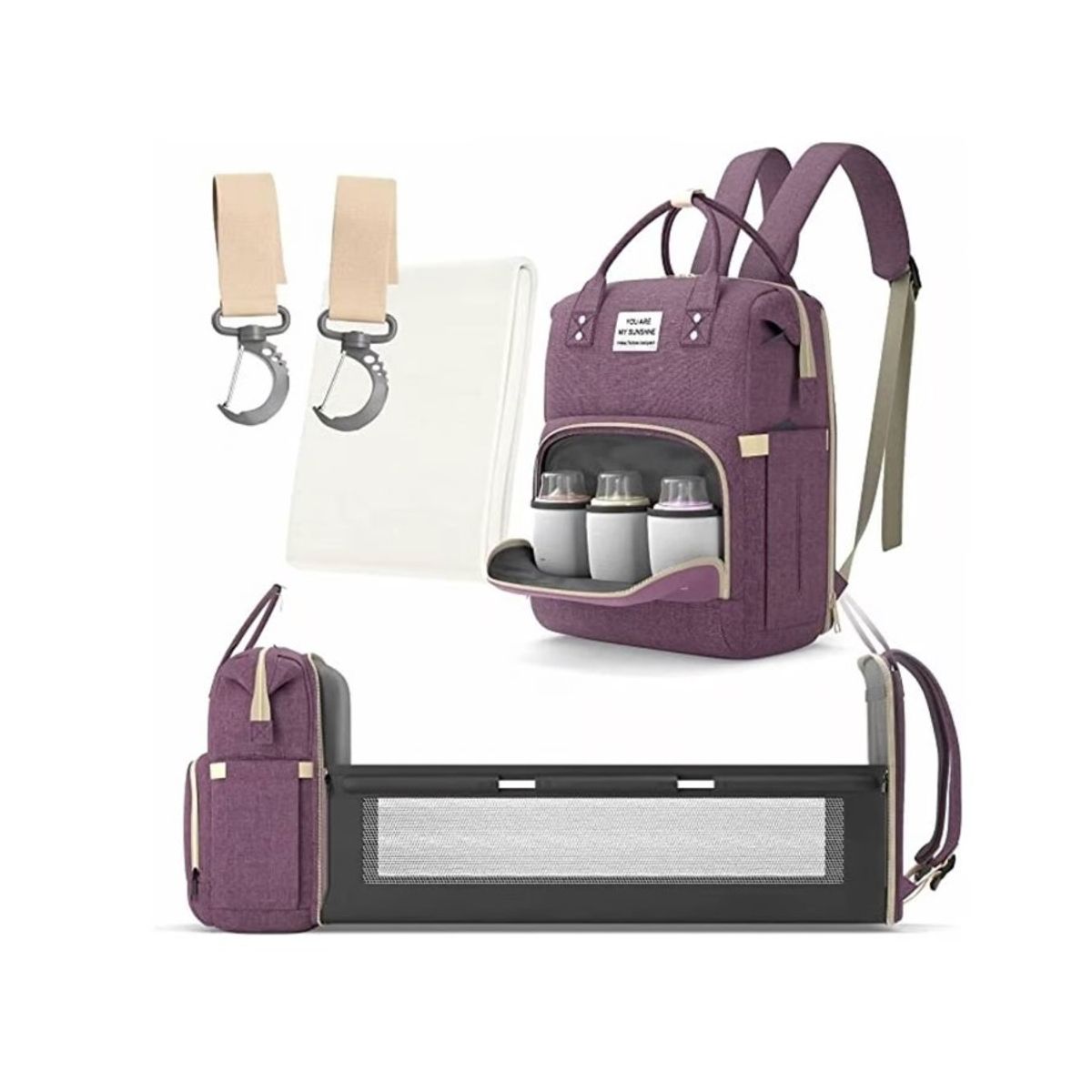GENERICO - Pañalera Mochila Bebe Cambiador Cuna Convertible 3en1 Morado