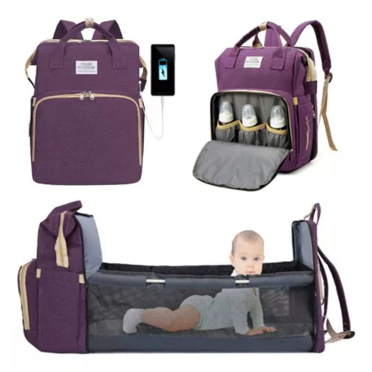 GENERICO - Pañalera Mochila Bebe Cambiador Cuna Convertible 3en1 Morado