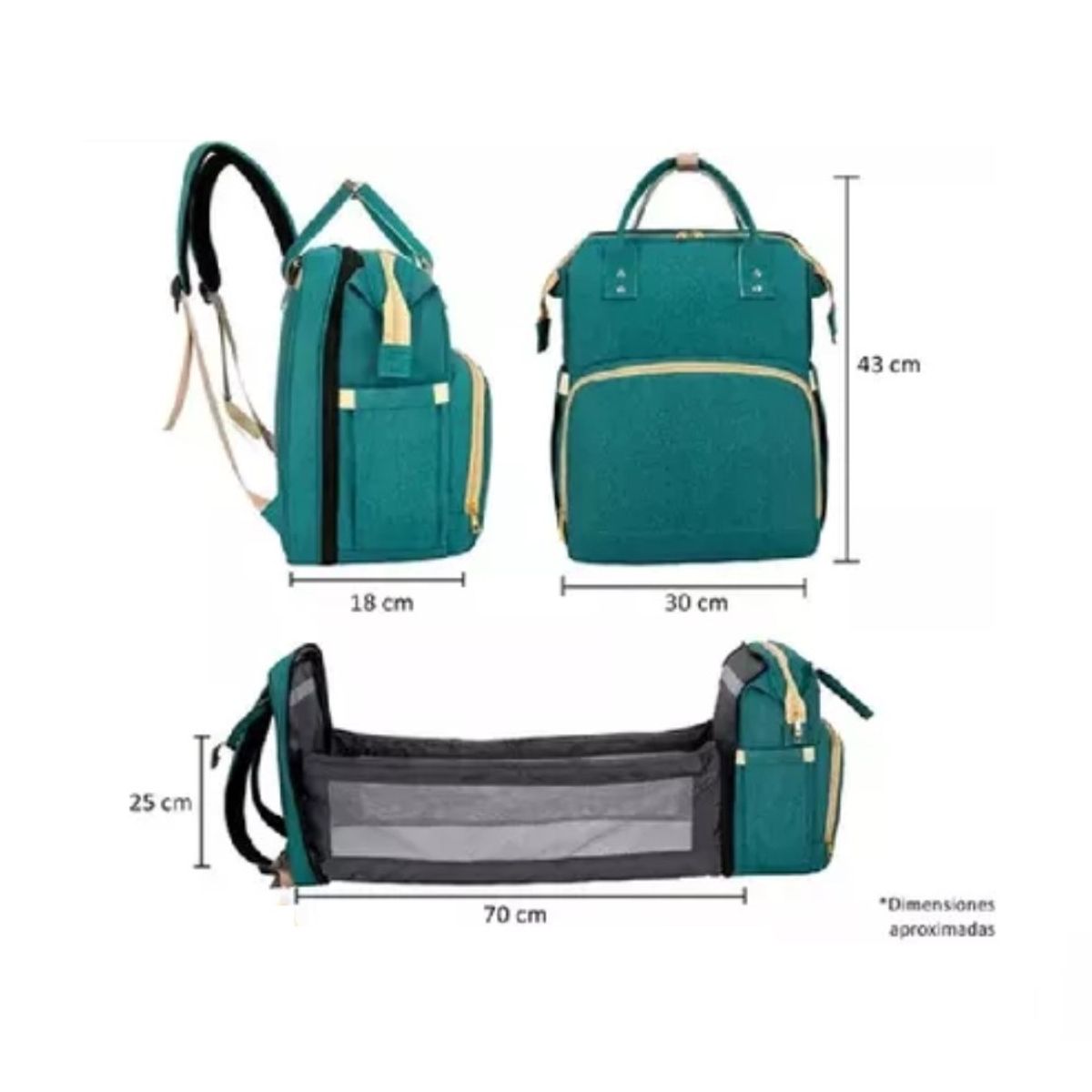 GENERICO - Pañalera Mochila Bebe Cambiador Cuna Convertible 3en1 Verde