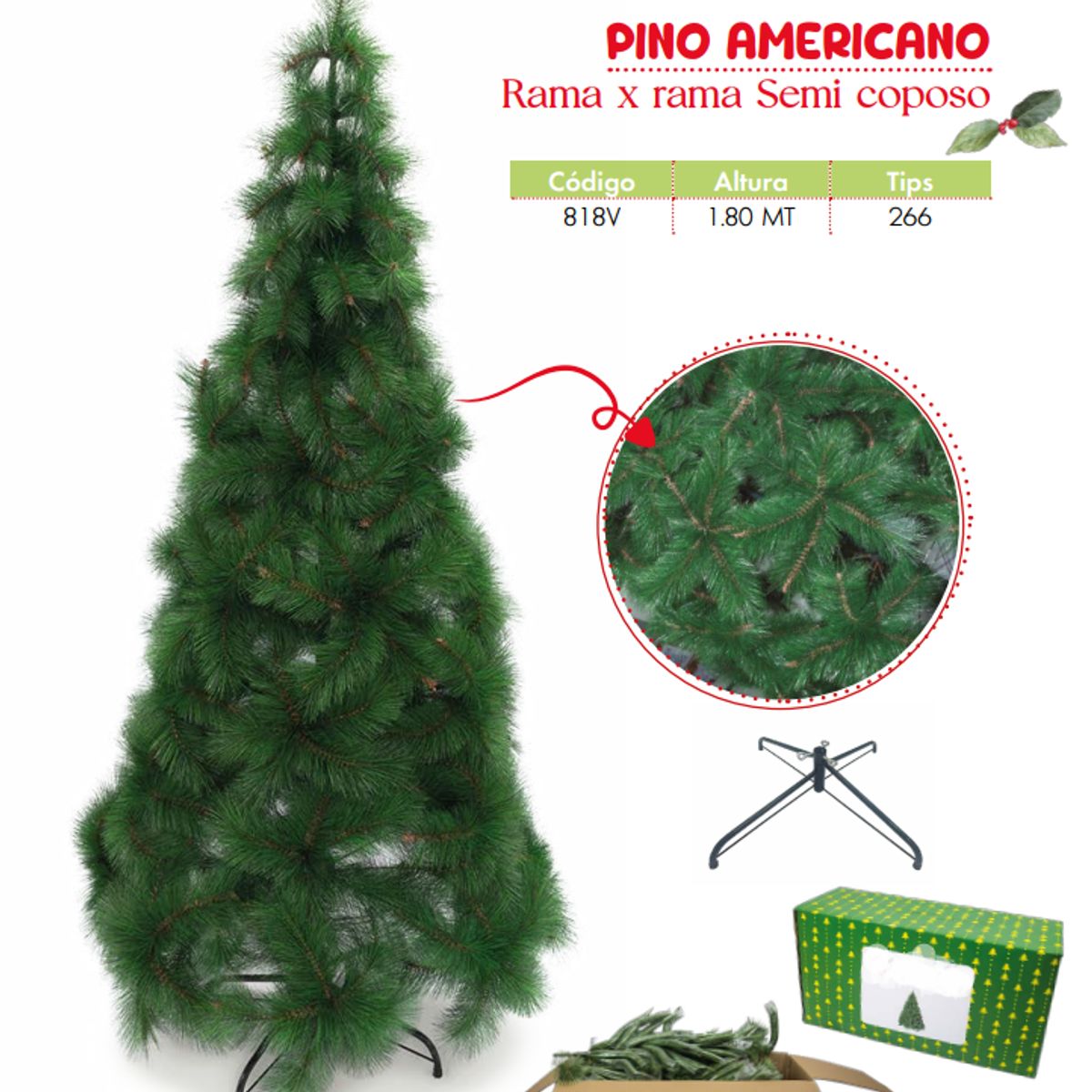 GENERICO - Árbol Navidad De Pino americano 1 80 Cm rama x rama c/luces led d/300