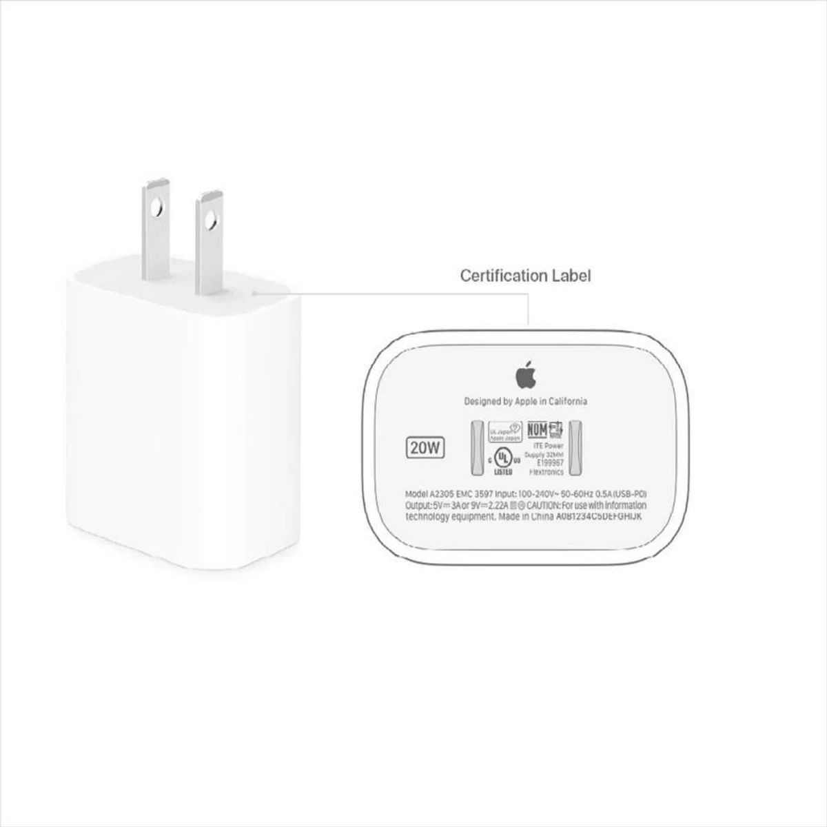 APPLE - Cargador Apple 20W Tipo C Original Y Carga Rápida - Blanco