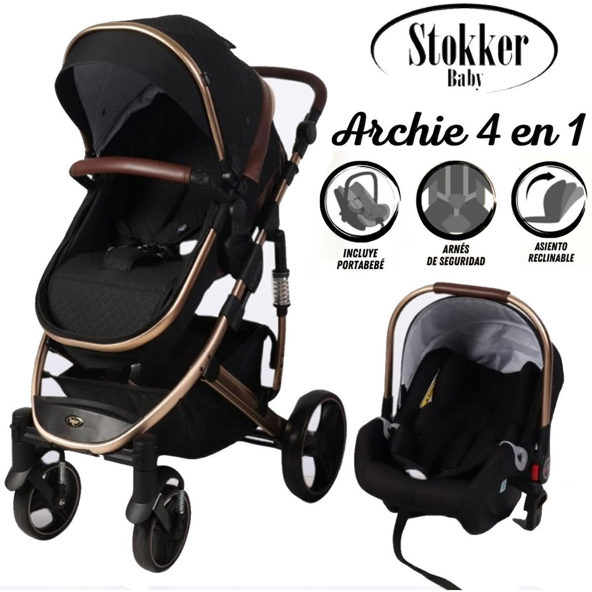 STOKKER BABY - Coche Moises de Lujo 4 en1 Con Porta Bebé Stokker Baby Negro
