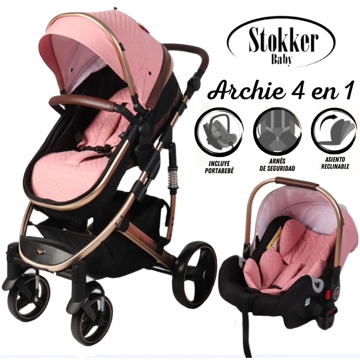 STOKKER BABY - Coche Moises de Lujo 4 en1 Con Porta Bebé Stokker Baby Rosa