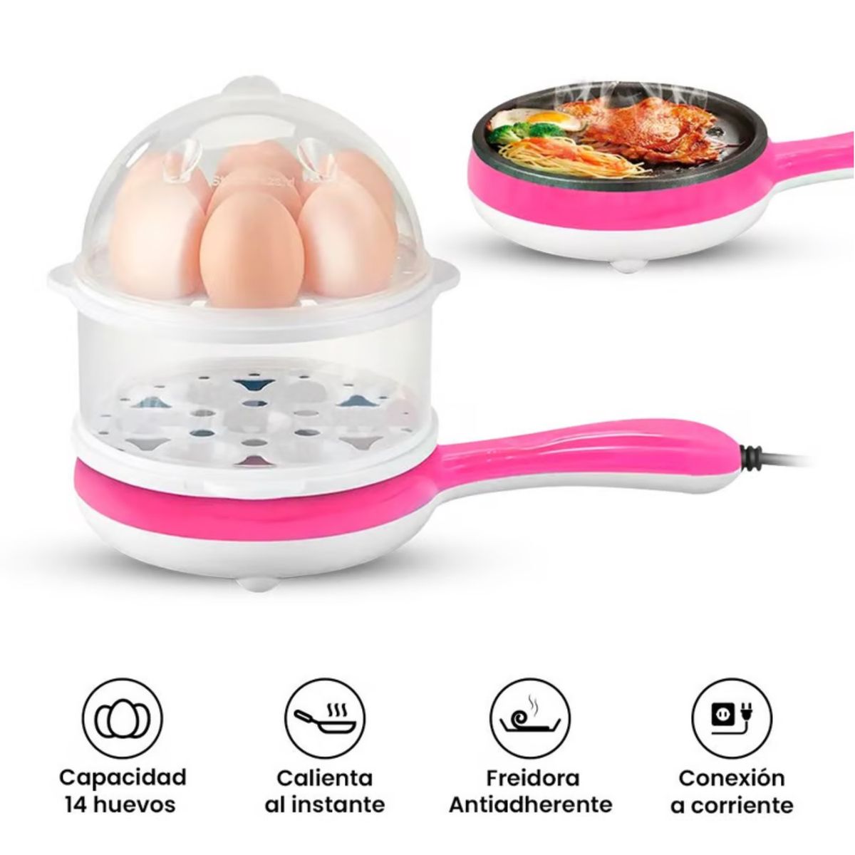 GENERICO - Hervidor Y Sarten Freidor De Huevos y Carne Eléctrico  2 en 1 Rosado