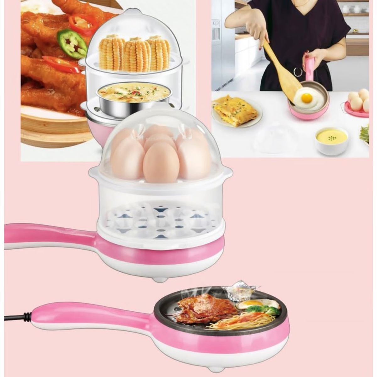 GENERICO - Hervidor Y Sarten Freidor De Huevos y Carne Eléctrico  2 en 1 Rosado