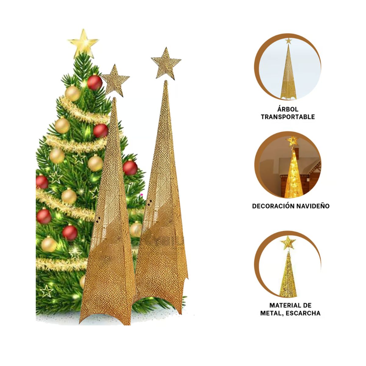 GENERICO - ÁRBOL DE NAVIDAD DORADO CON LUCES LED Y ESTRELLA