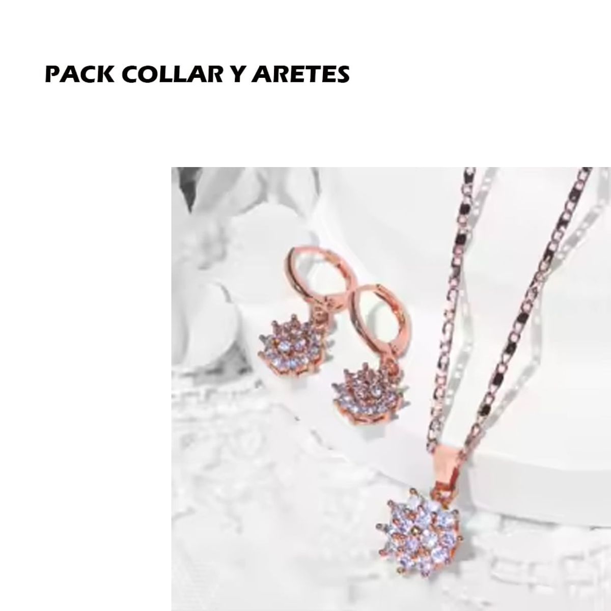 GENERICO - COLLAR Y ARETES PACK 2 EN 1 PARA MUJER FLOR DORADO PLATEADO